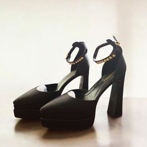 Findvell Chunky Black Satin Platform Rhinestone Strap Block Heel Women's Size 11